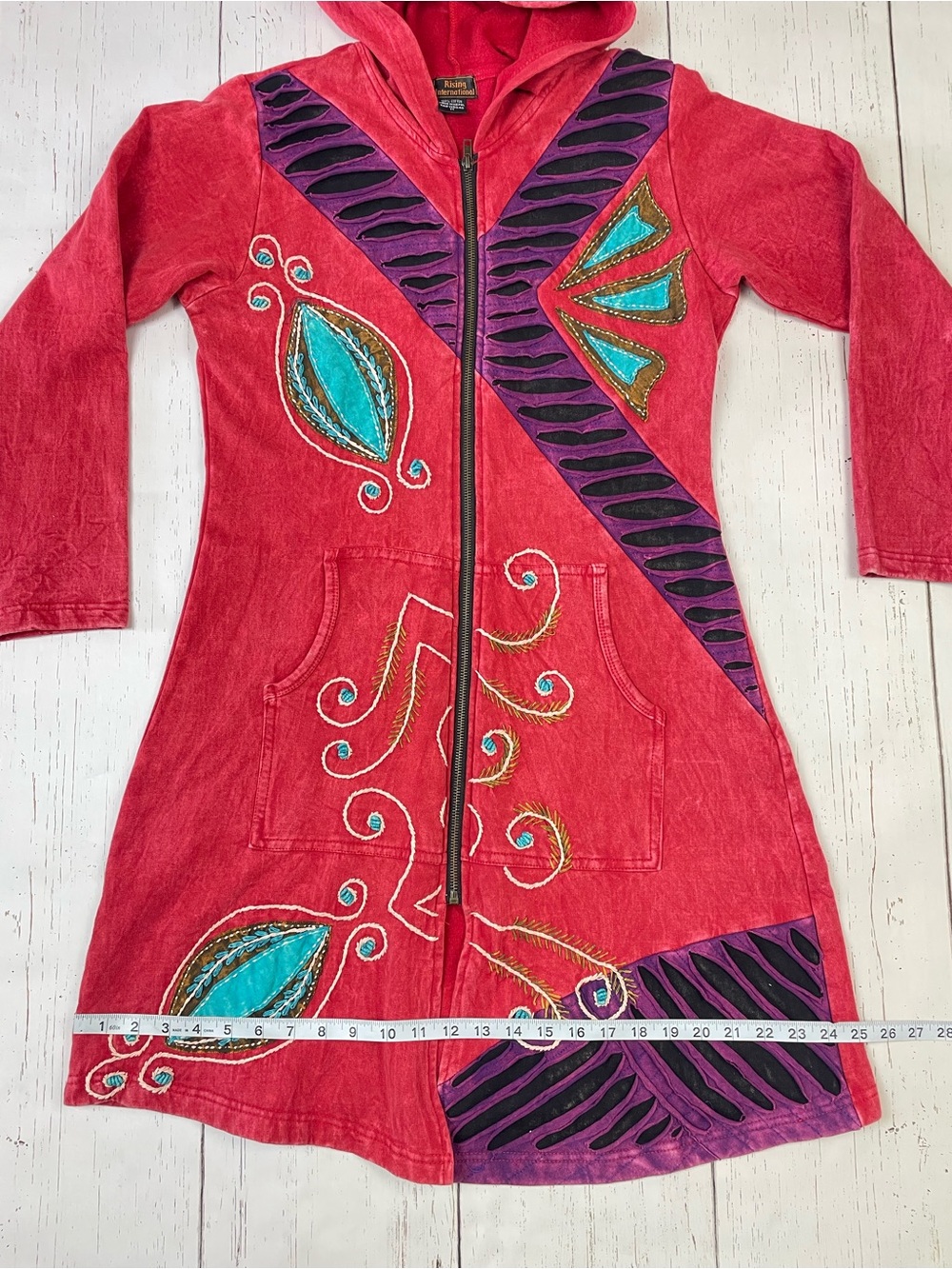 Rising International Patchwork Embroidered Long Zip Up Hoodie *Made in Nepal - Picture 5 of 16